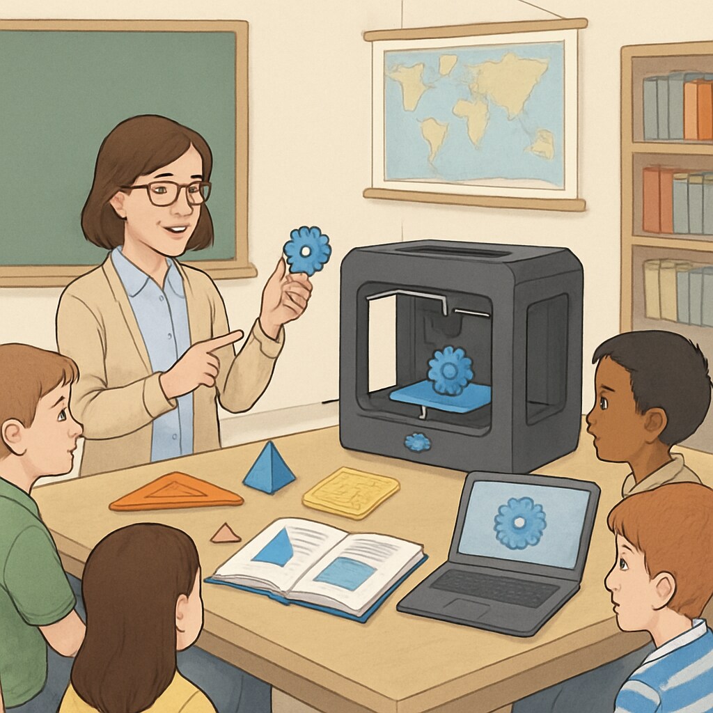 A teacher using 3D printing technology to create educational tools during a classroom session. Teacher demonstrating 3D printing in an education and engineering context.