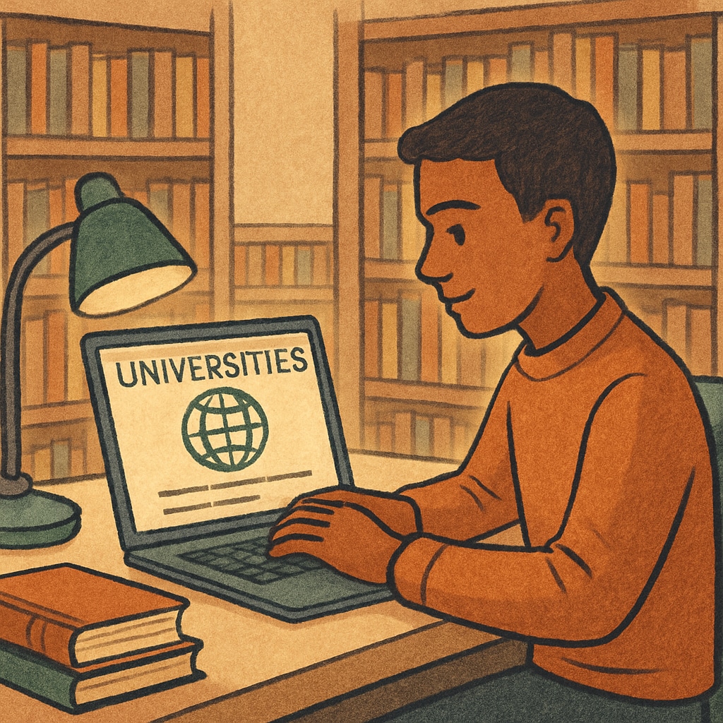 An international student researching universities on a laptop at a library. Student researching affordable universities that accept AS level qualifications.