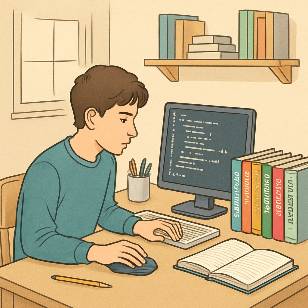 A teenager working on a coding project at home, surrounded by educational books to encourage interdisciplinary learning. Teenager coding with educational tools to promote healthy study habits.
