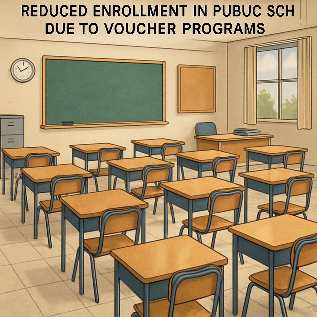A classroom with empty desks symbolizing the impact of reduced enrollment in public schools due to voucher programs. Empty desks in a public school classroom affected by voucher programs.