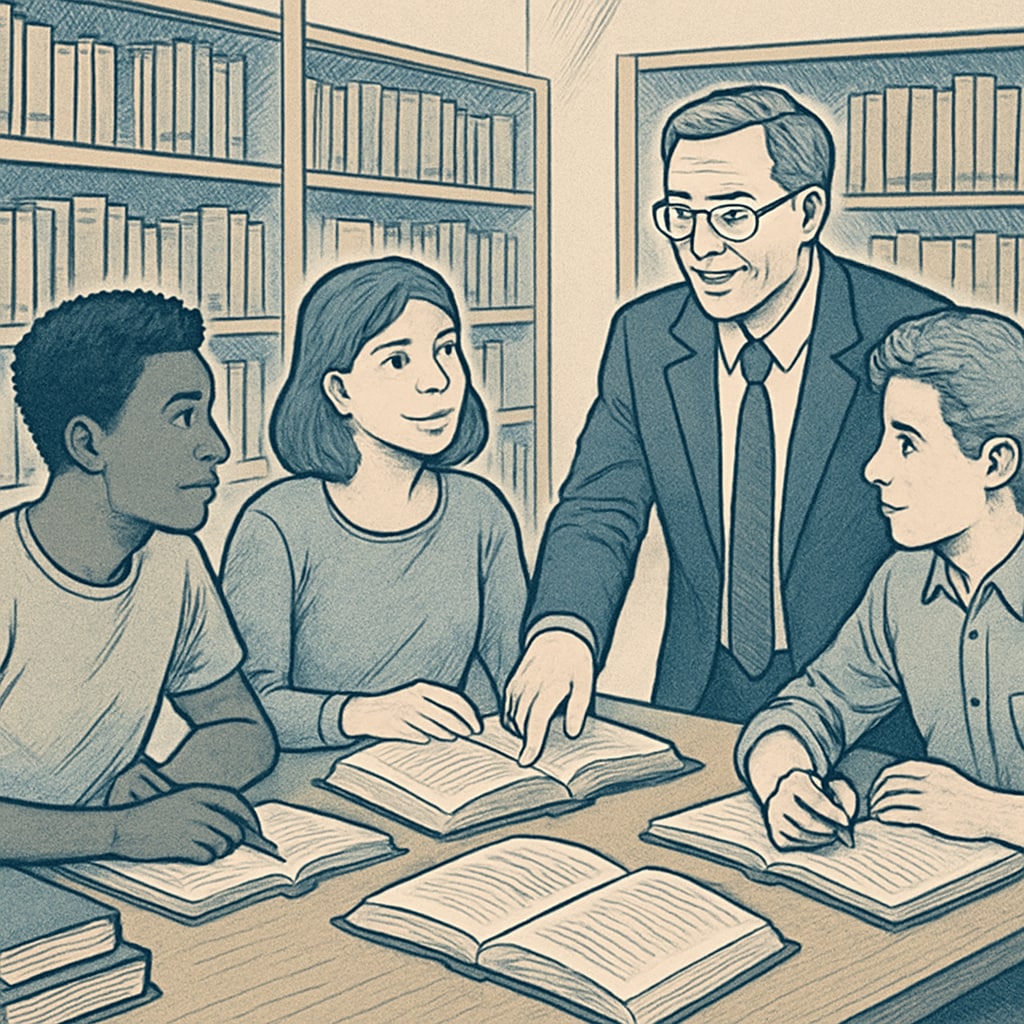 A group of university students engaging with a mentor in a library setting, symbolizing the importance of mentorship and accessible resources in academic success. University students with a mentor, highlighting key traits of successful universities.