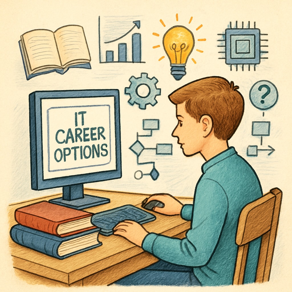 A young student sitting at a computer, researching IT career options, symbolizing decision-making in technology. A student exploring IT career paths and college majors at a computer.