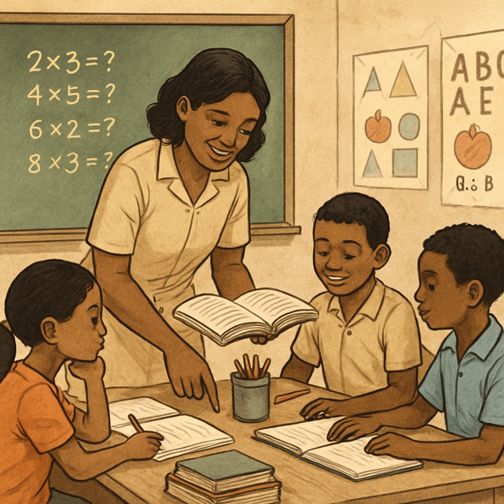 A public school teacher working with limited resources in a classroom setting. Public school teacher managing limited resources amid voucher program challenges.
