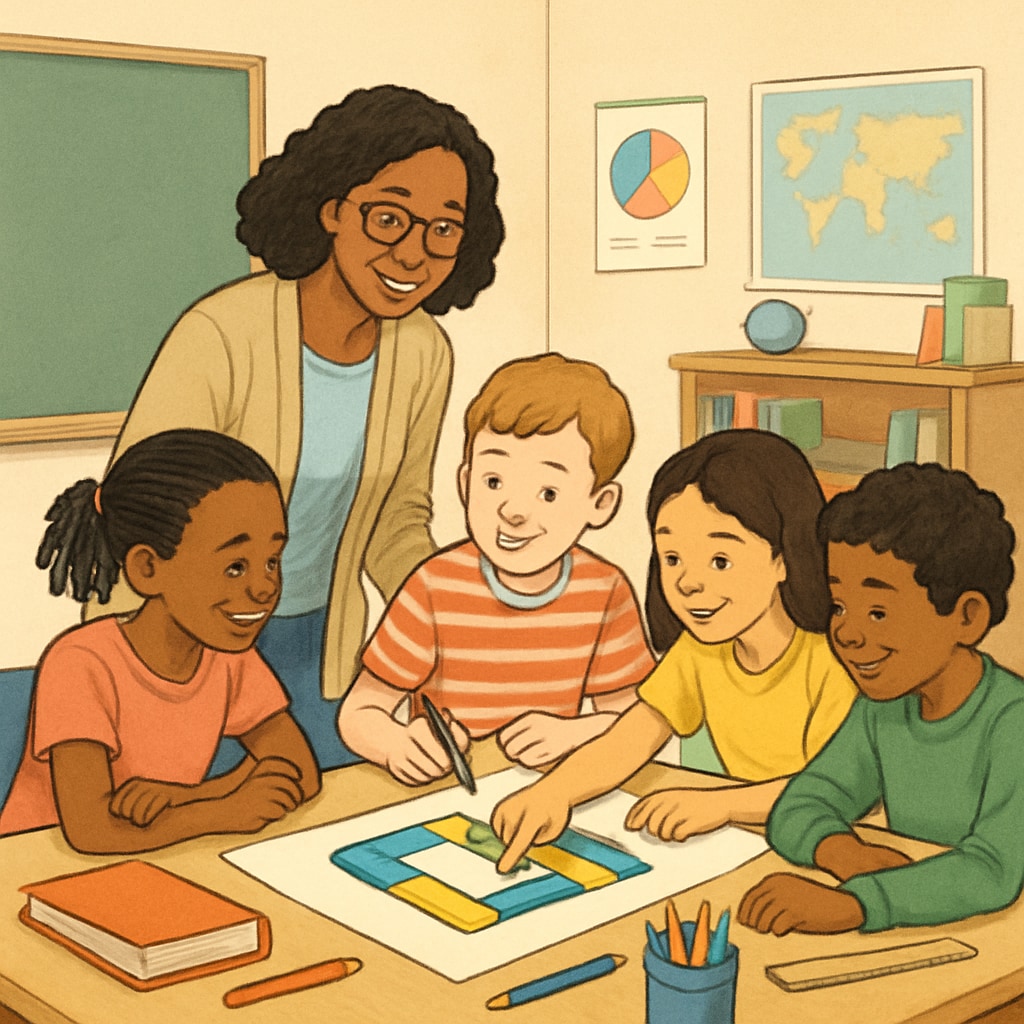 A diverse classroom of young students collaborating on a project under teacher guidance, representing inclusive and supportive learning environments in K-12 education. A diverse classroom with teacher guidance, showcasing adaptable strategies for K-12 education.