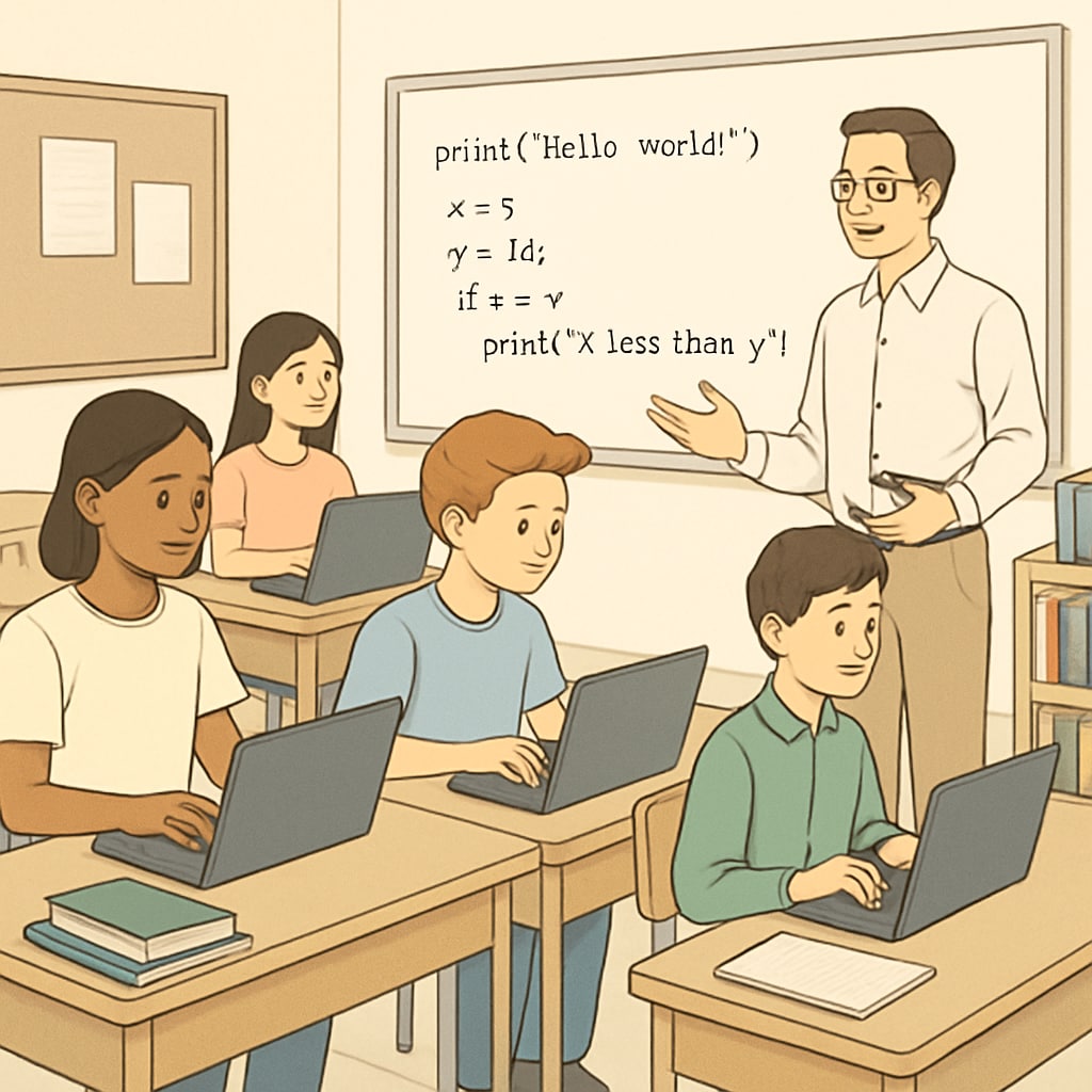 Students in a classroom working on laptops, attending an introductory coding session. Students learning coding basics during an IT course.