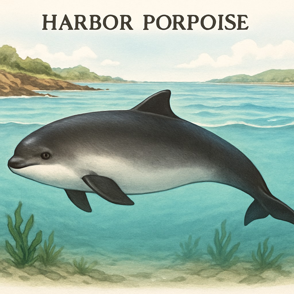 A high-resolution image of a harbor porpoise swimming in a coastal area, showcasing its compact body and round head. Harbor porpoise swimming in coastal waters, highlighting marine biodiversity.