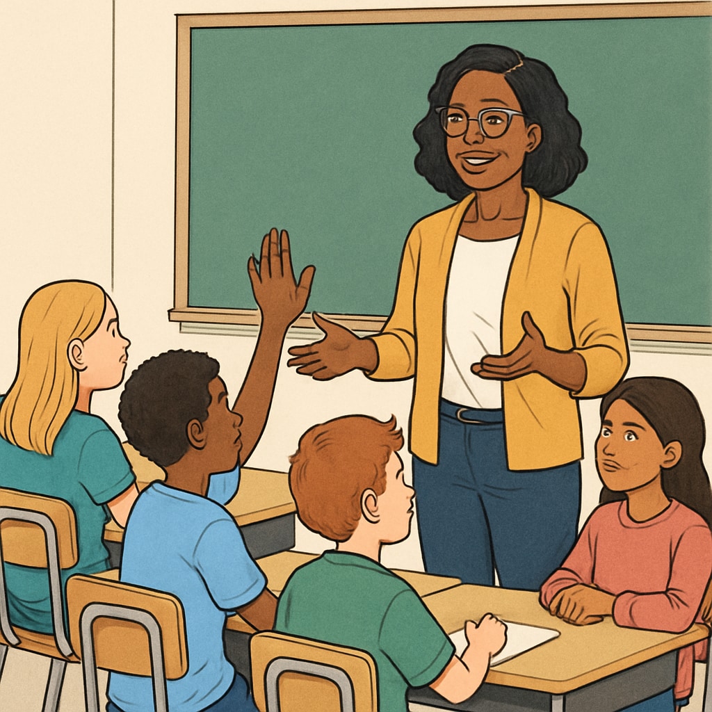 A teacher addressing a group of diverse students, symbolizing inclusivity and open dialogue in education. A teacher promoting inclusivity in the classroom amidst debates on ideological testing.