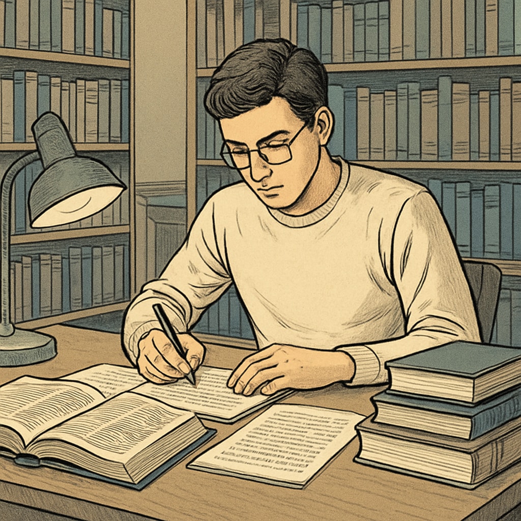 A student working on their dissertation while referencing academic books in a university library. Student writing dissertation for UK master’s degree, surrounded by academic resources.