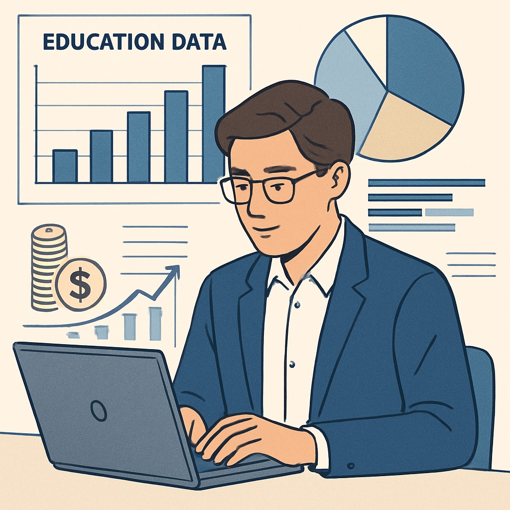 A professional analyzing educational data on a laptop with financial charts in the background. Business analytics and finance insights for K12 education sector.