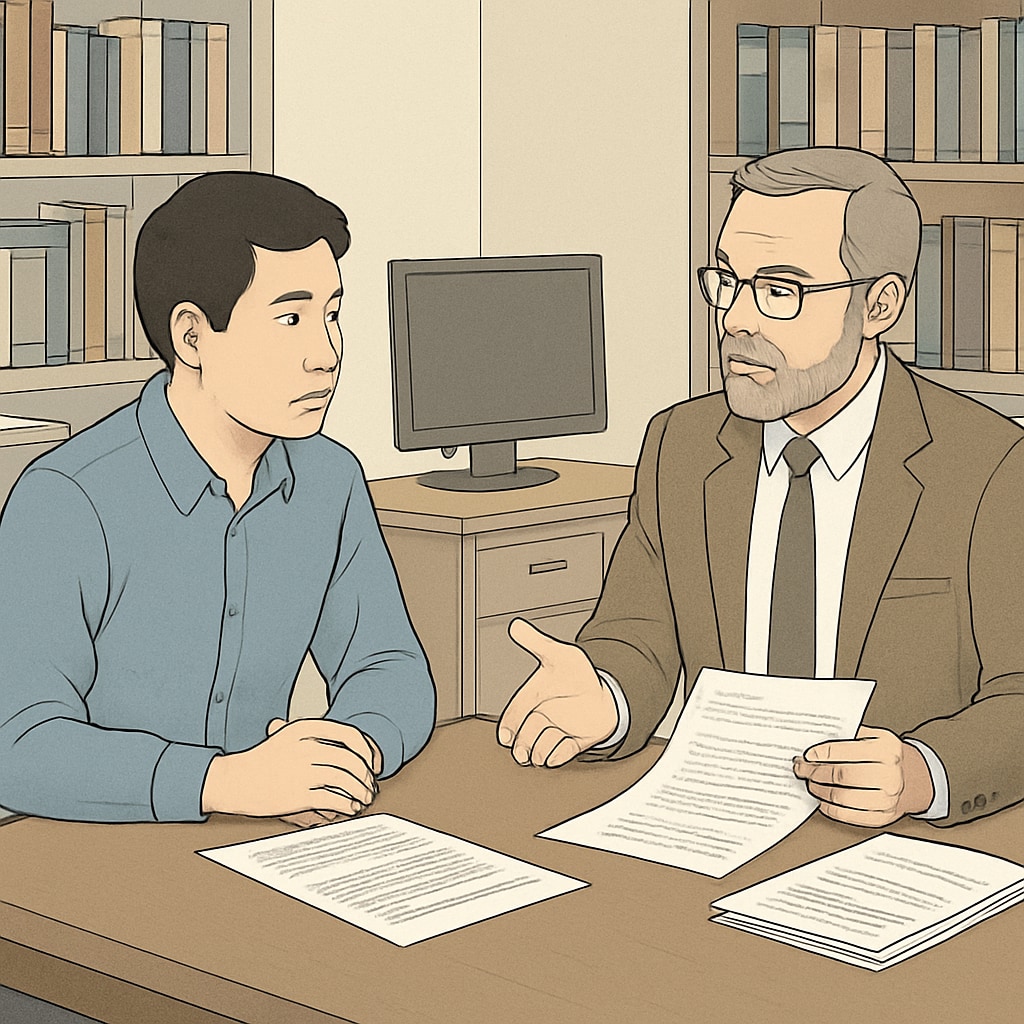 An international student discussing their dissertation feedback with a professor in a university office. International student receiving dissertation advice from a professor for UK master's degree.
