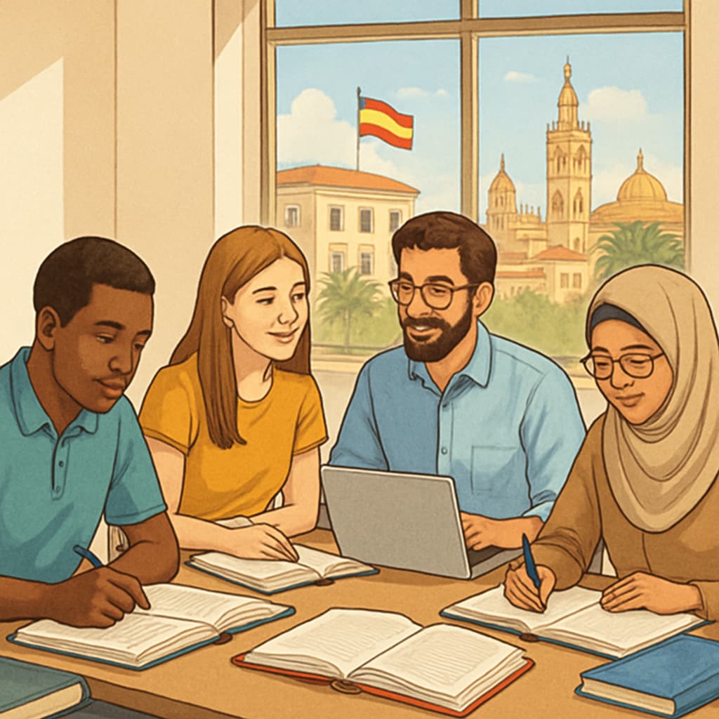 A group of international students studying together at a university in Spain. International students studying for a master's degree in Spain.