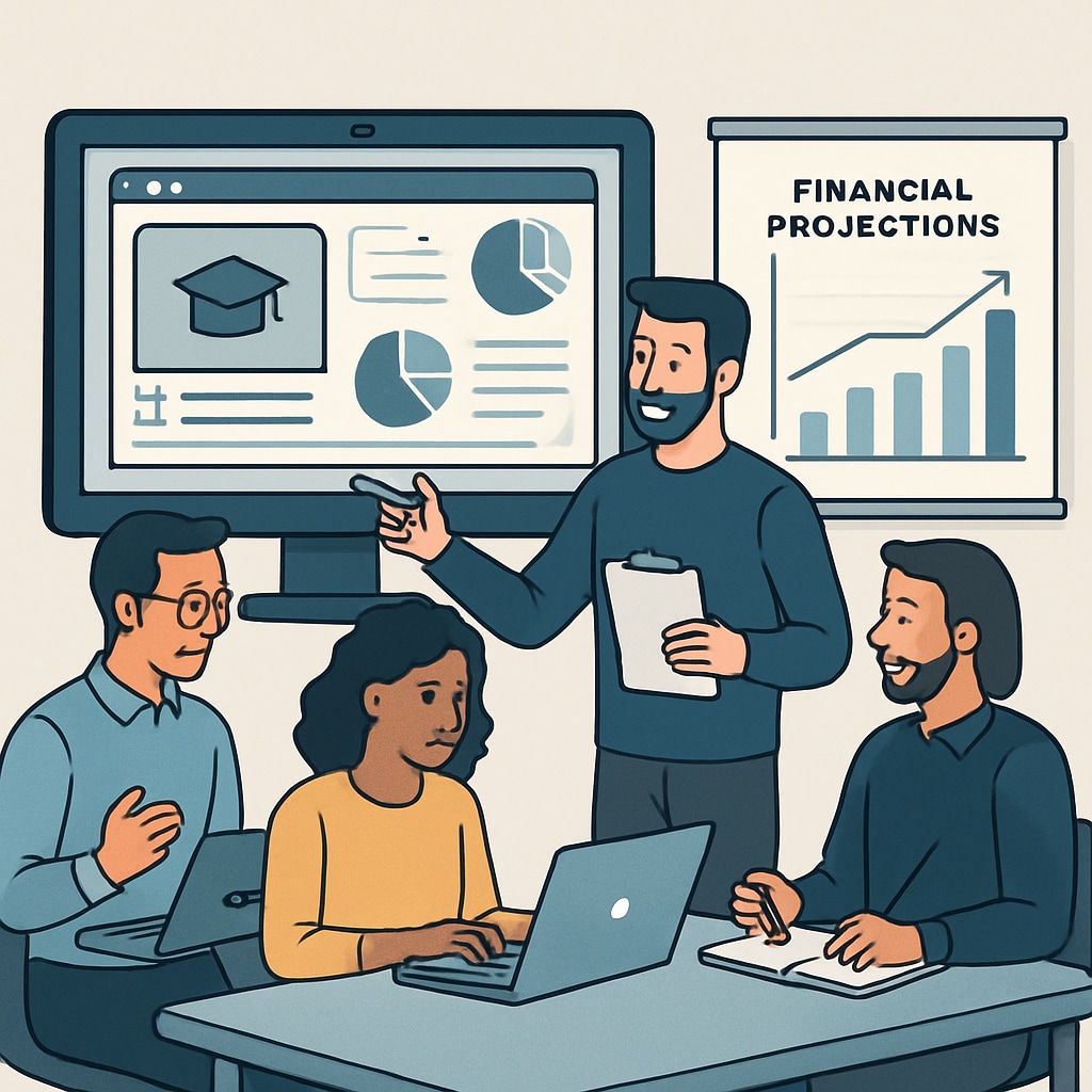 A team collaborating on edtech product development, with data dashboards and financial projections displayed. Edtech professionals integrating business analytics and finance.