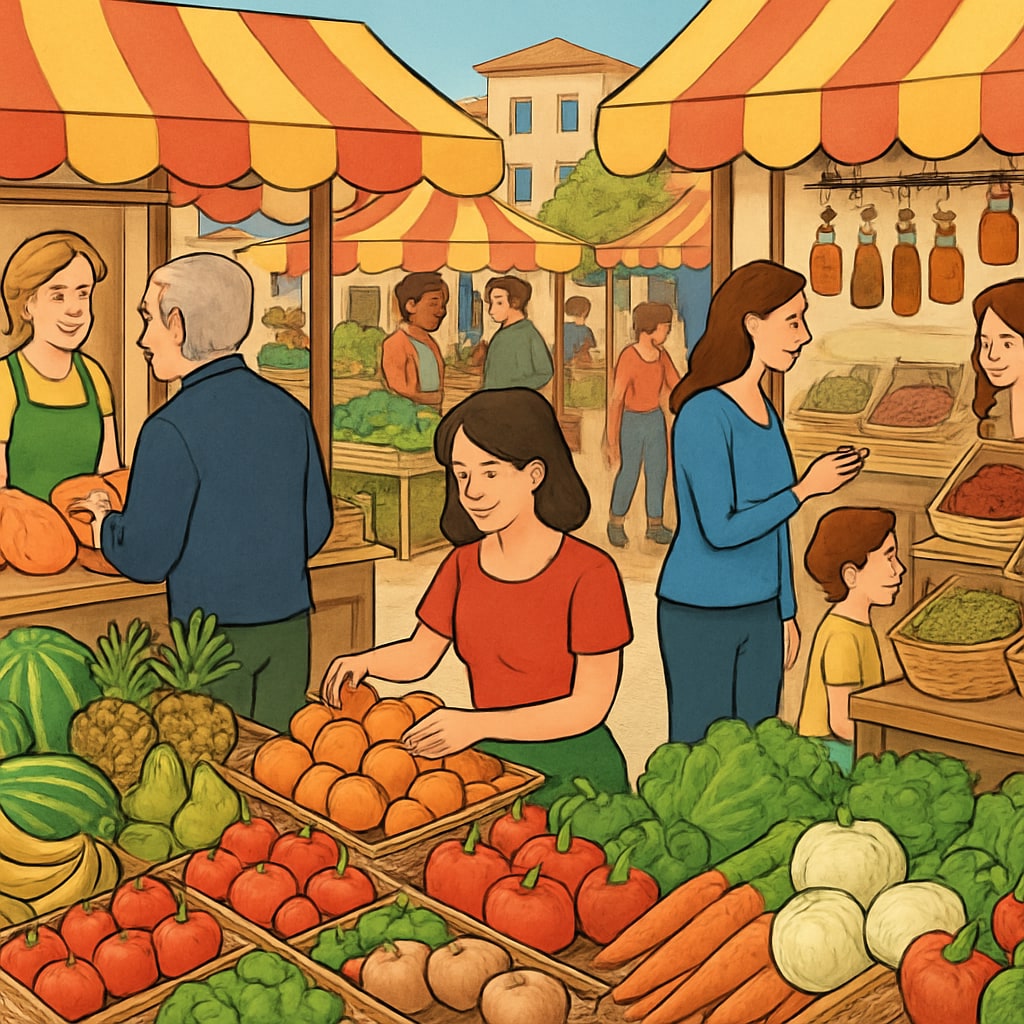 A bustling Spanish market scene, showcasing local foods and community life. A vibrant Spanish market illustrating cultural immersion for international students.
