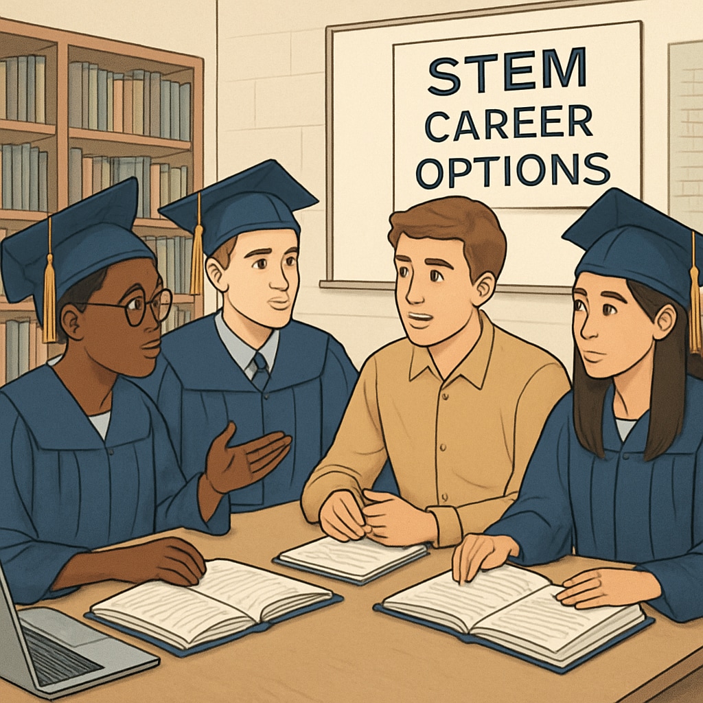 A group of high school graduates discussing STEM career options, with books and laptops on the table. High school graduates discussing STEM career options.