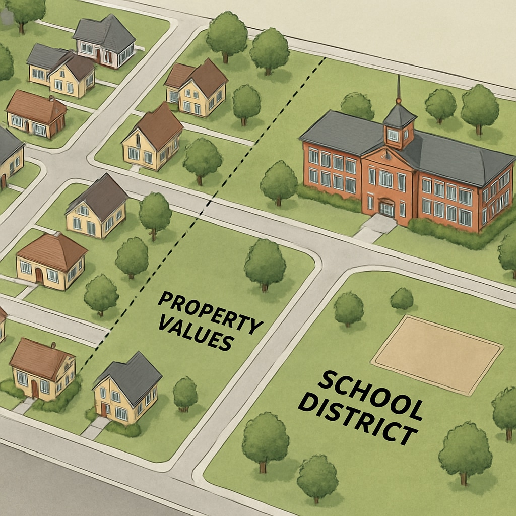 A suburban neighborhood with homes and a nearby school, illustrating the relationship between school districts and property value. Suburban homes near a school, demonstrating the link between school district rankings and property value.