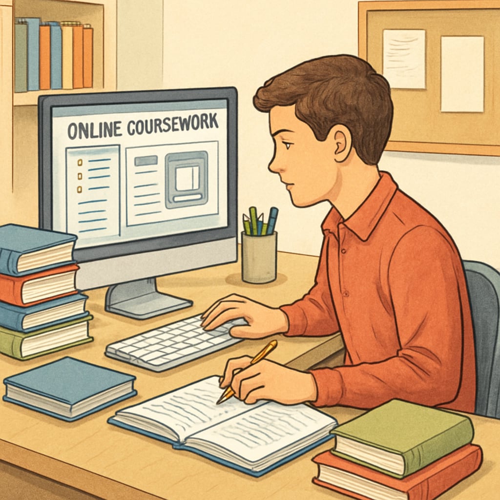 A student engaging with online coursework on a computer, representing the integration of high school and college-level education. Student working on online dual-credit coursework with Khan World School and ASU.