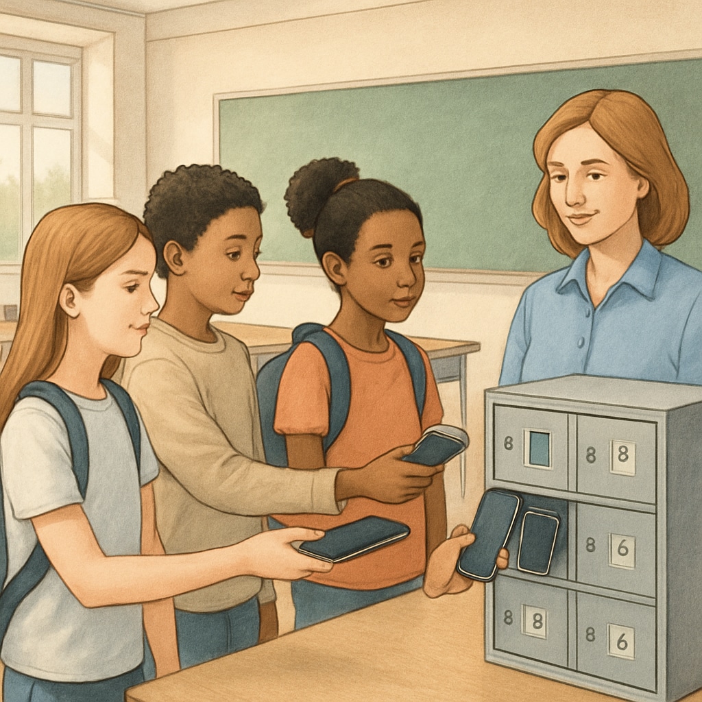 Students handing in their phones in a classroom to align with school phone bans.