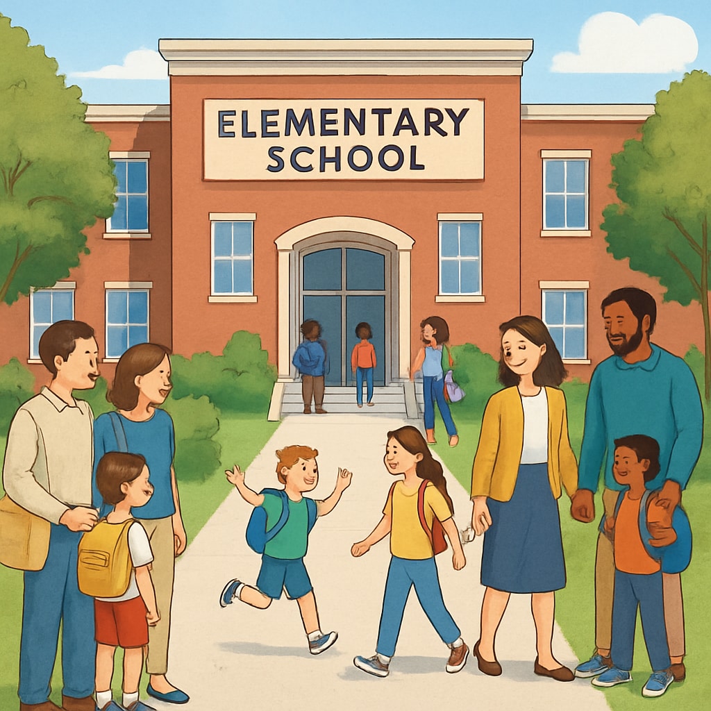 An elementary school building surrounded by families and children, representing the appeal of schools in real estate decisions. Families and children near a school, showing the role of education in housing choices.