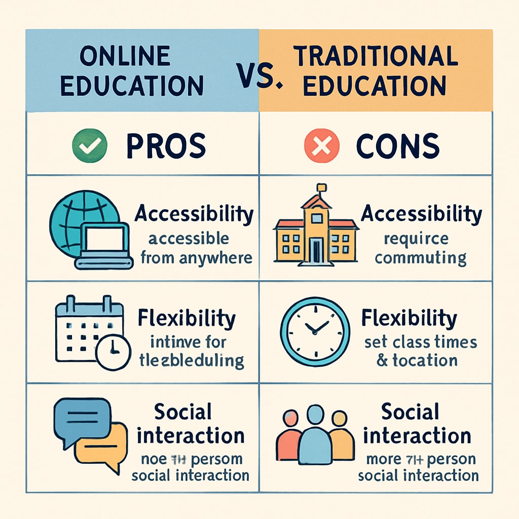 A comparison chart showing the pros and cons of online and traditional education, emphasizing accessibility, flexibility, and social interaction. Comparison chart of online and traditional education models for K12 students.