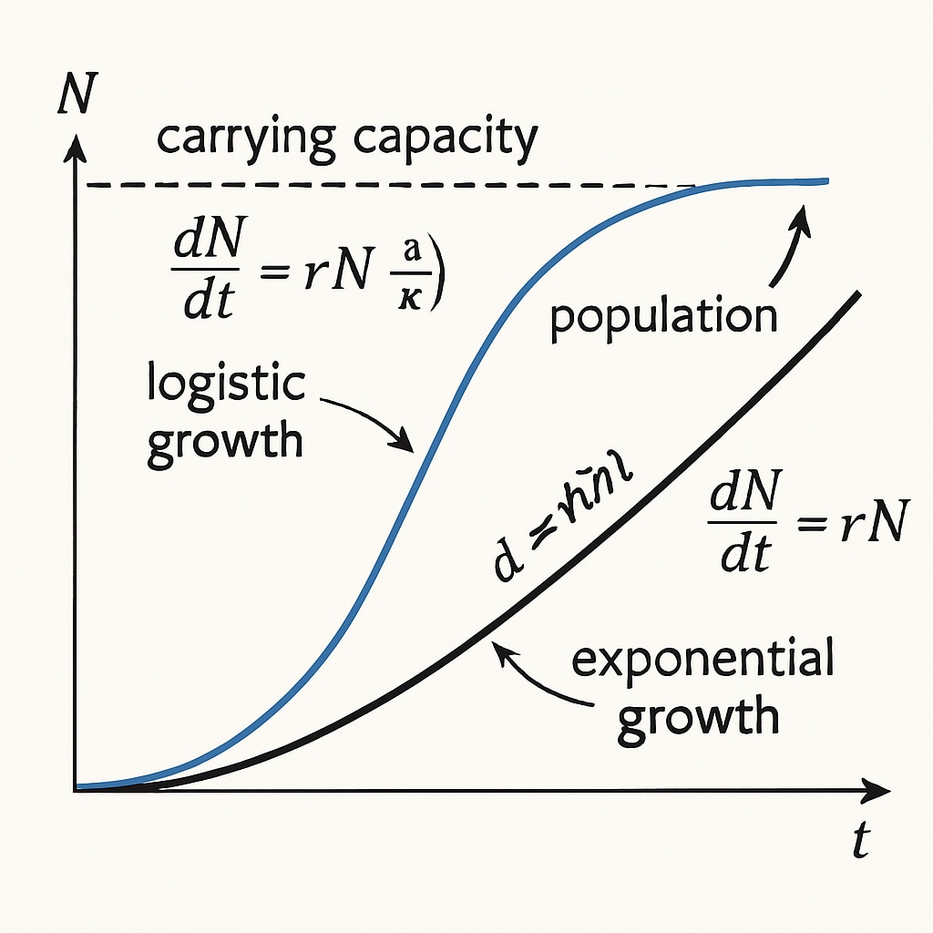 A detailed diagram showing the application of differential equations in modeling biological processes. The image should include labeled axes with clear examples of biological growth curves. Differential equations in biological modeling for biostatistics students.