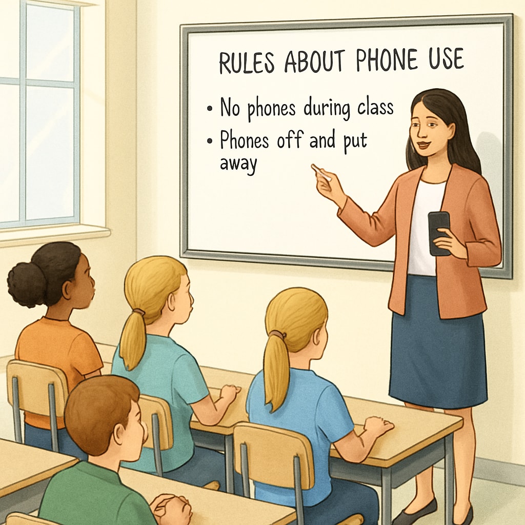 A teacher introducing guidelines for managing phones in school settings.
