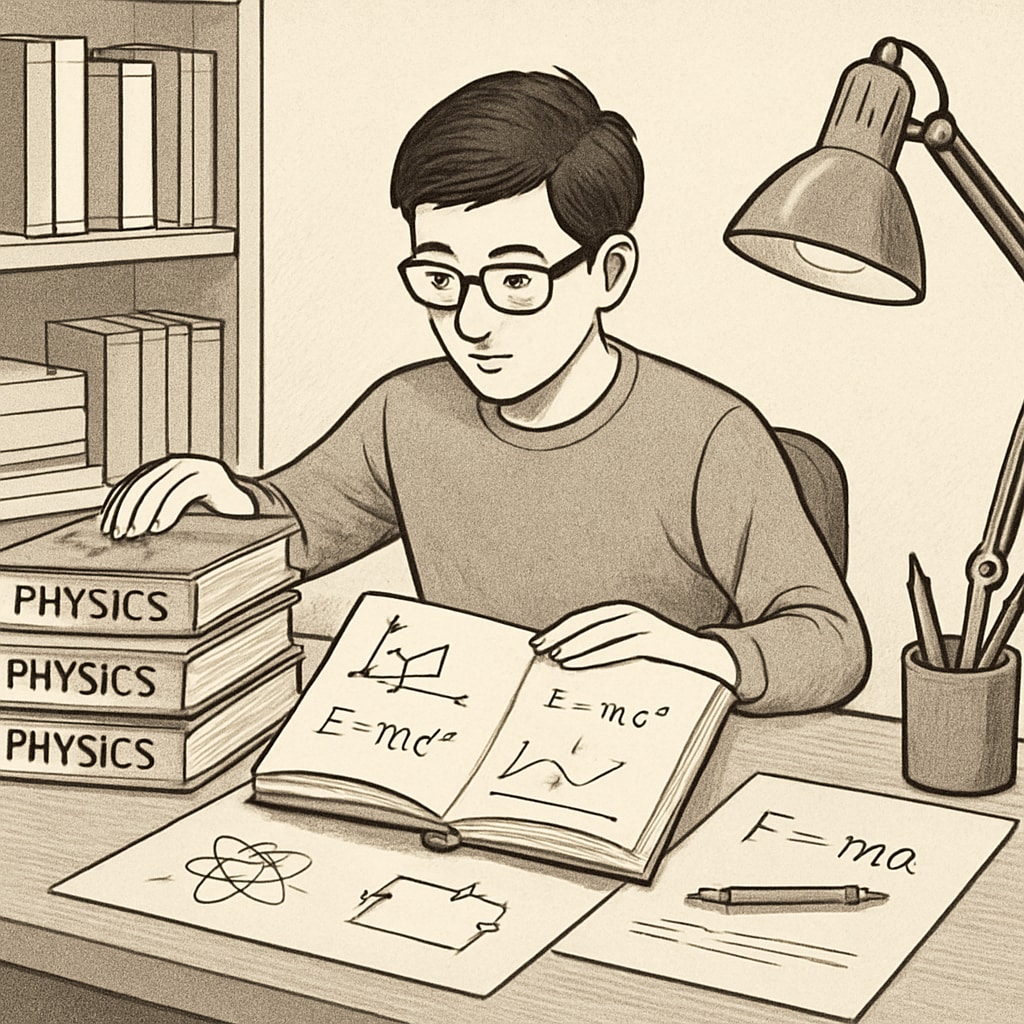 A student organizing physics textbooks and notes on a study desk. Student managing BSc Physics backlogs with time management techniques.