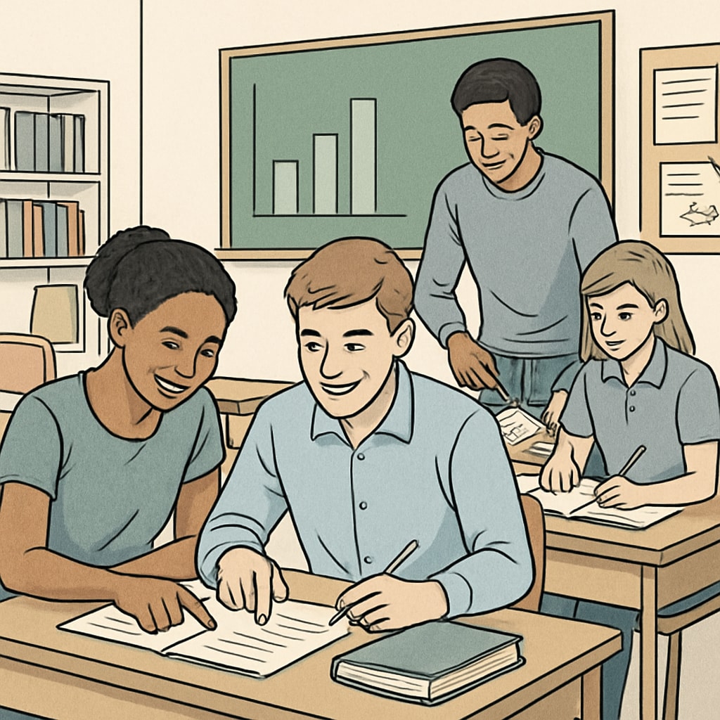 A classroom setting illustrating collaborative problem-solving among students, emphasizing practical and employability-focused education. Students working on real-world tasks, bridging the gap between academics and employability.