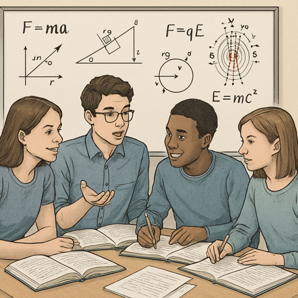 A group of students discussing physics concepts with textbooks and a whiteboard. Collaborative study for BSc Physics backlogs and exam preparation.