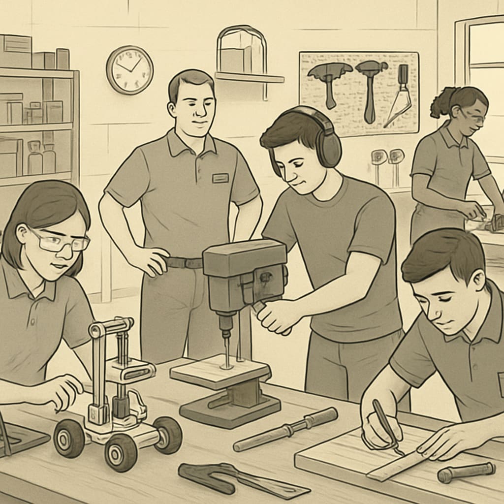 A vocational training workshop where students engage in hands-on technical learning, such as robotics or carpentry, tailored to workforce needs. Vocational training in schools, emphasizing practical skills alongside academic learning.