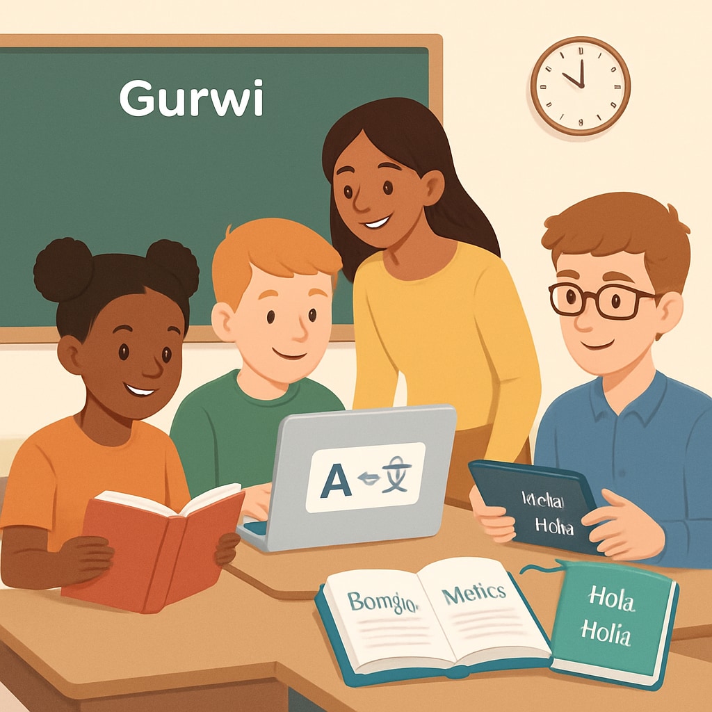 A visual representation of students using Gurwi’s multi-language learning features in a classroom setting, showcasing inclusivity and ease of language adaptation. Multi-language interactive learning platform in action