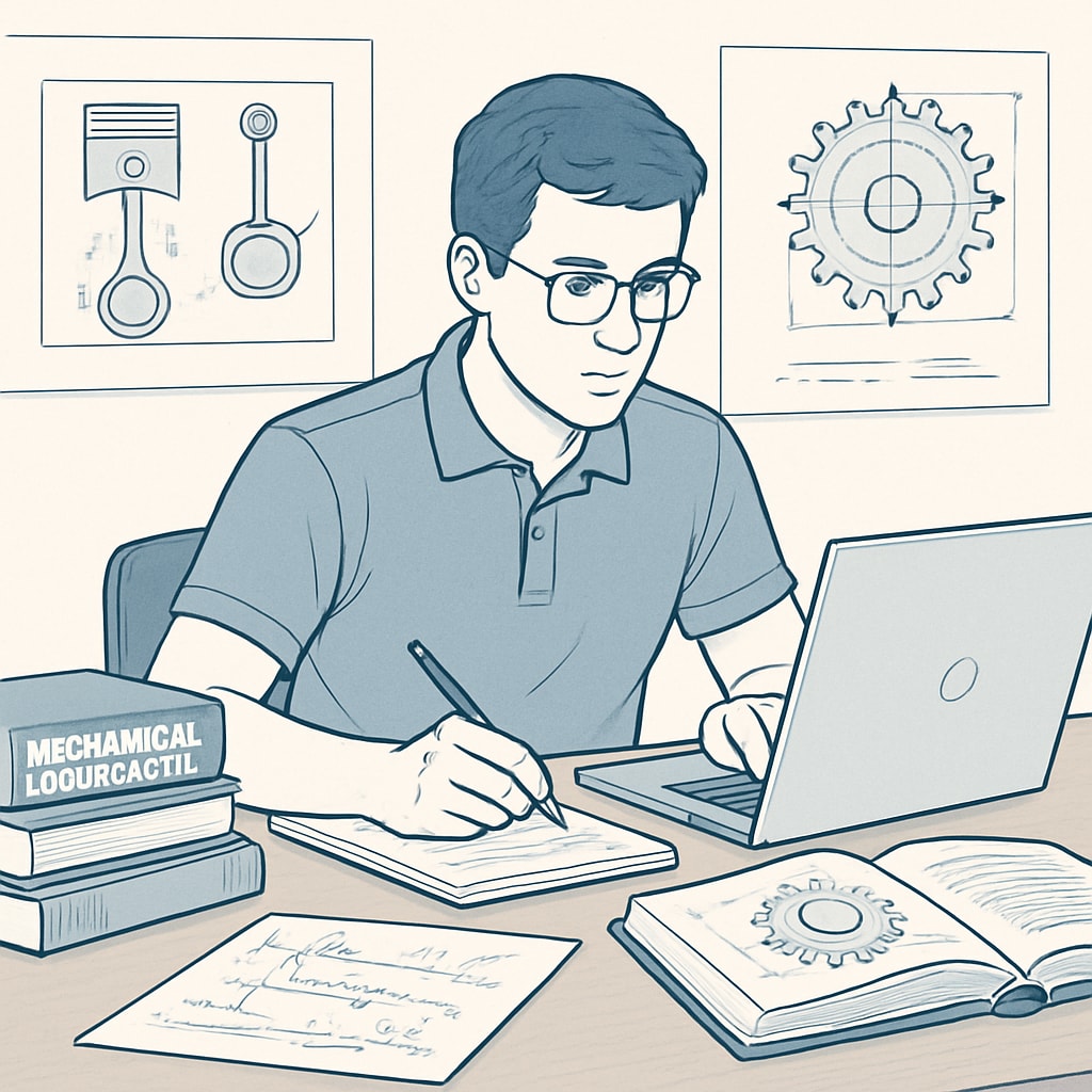 A student studying mechanical engineering coursework on a laptop, surrounded by textbooks and notes. Mechanical engineering student studying online coursework for a dual degree.