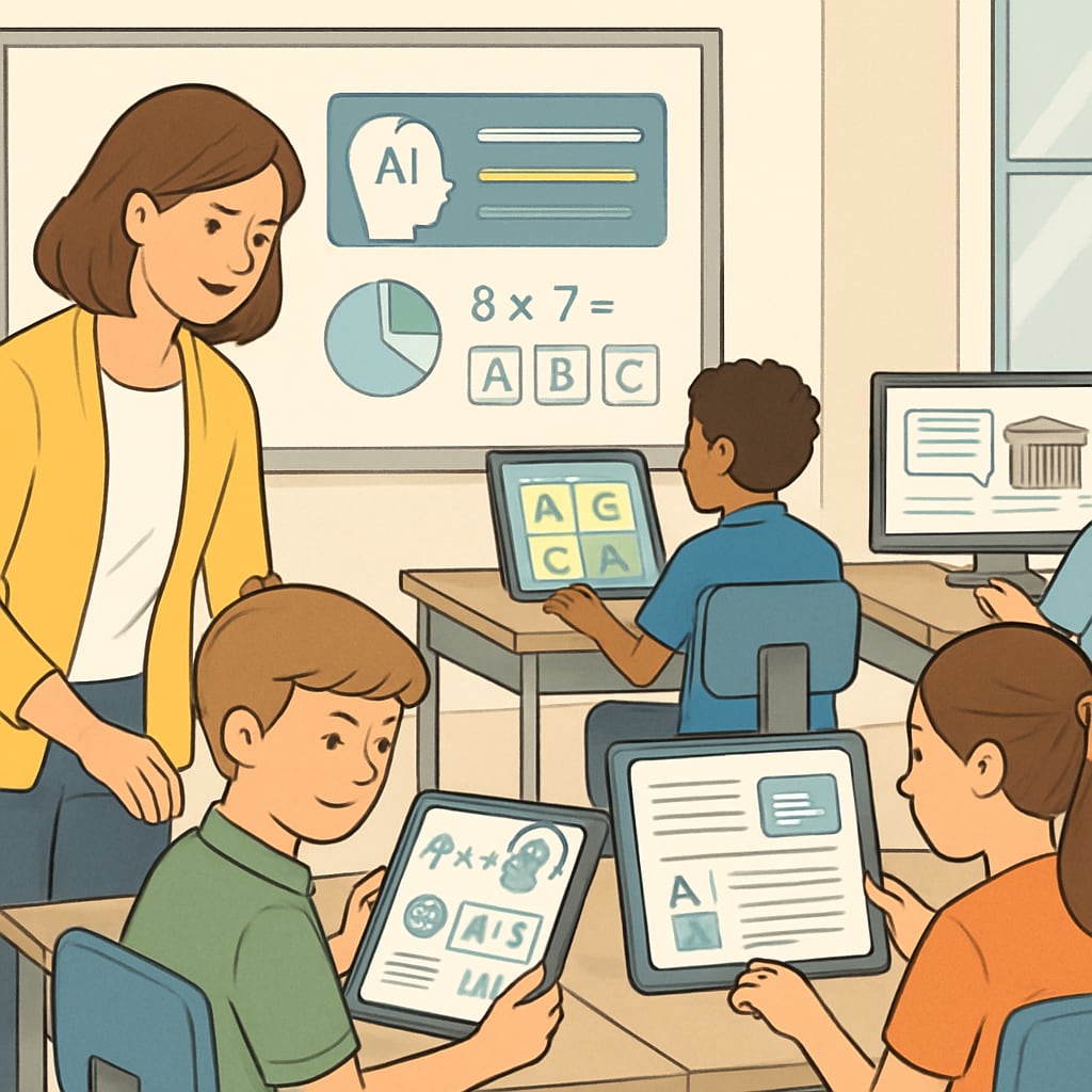 An AI-powered classroom illustrating students using adaptive learning platforms. AI-powered classroom with adaptive learning tools.