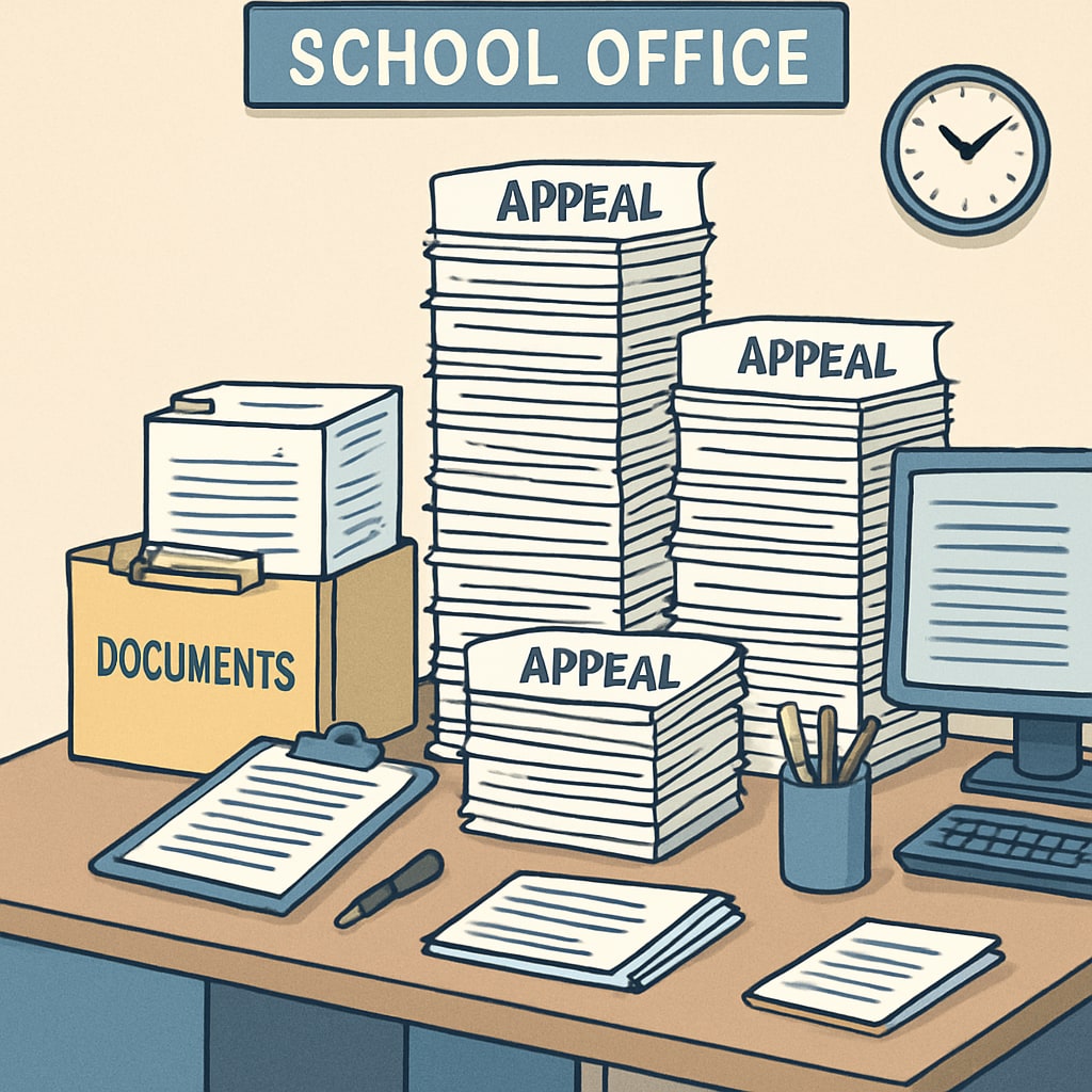 A school office with stacks of paperwork symbolizing bureaucratic hurdles in academic appeals. The image features a desk with administrative documents and a computer, illustrating the complexity of the appeal process. School office with paperwork representing bureaucratic challenges in grade appeals.