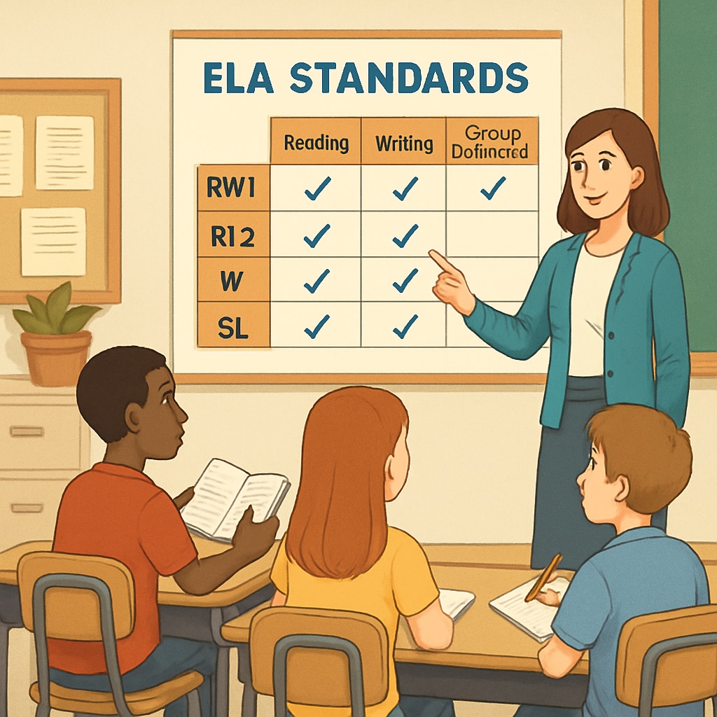 A classroom with a chart on the wall showing the alignment of ELA standards to specific activities, such as reading, writing, and group discussions. Visual representation of how ELA curriculum standards align with classroom activities for 5th graders.