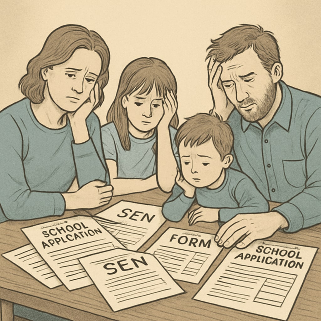 A frustrated family sitting at a table with school application documents, illustrating the struggle of navigating SEN processes in the UK. School application process for SEN students in the UK.