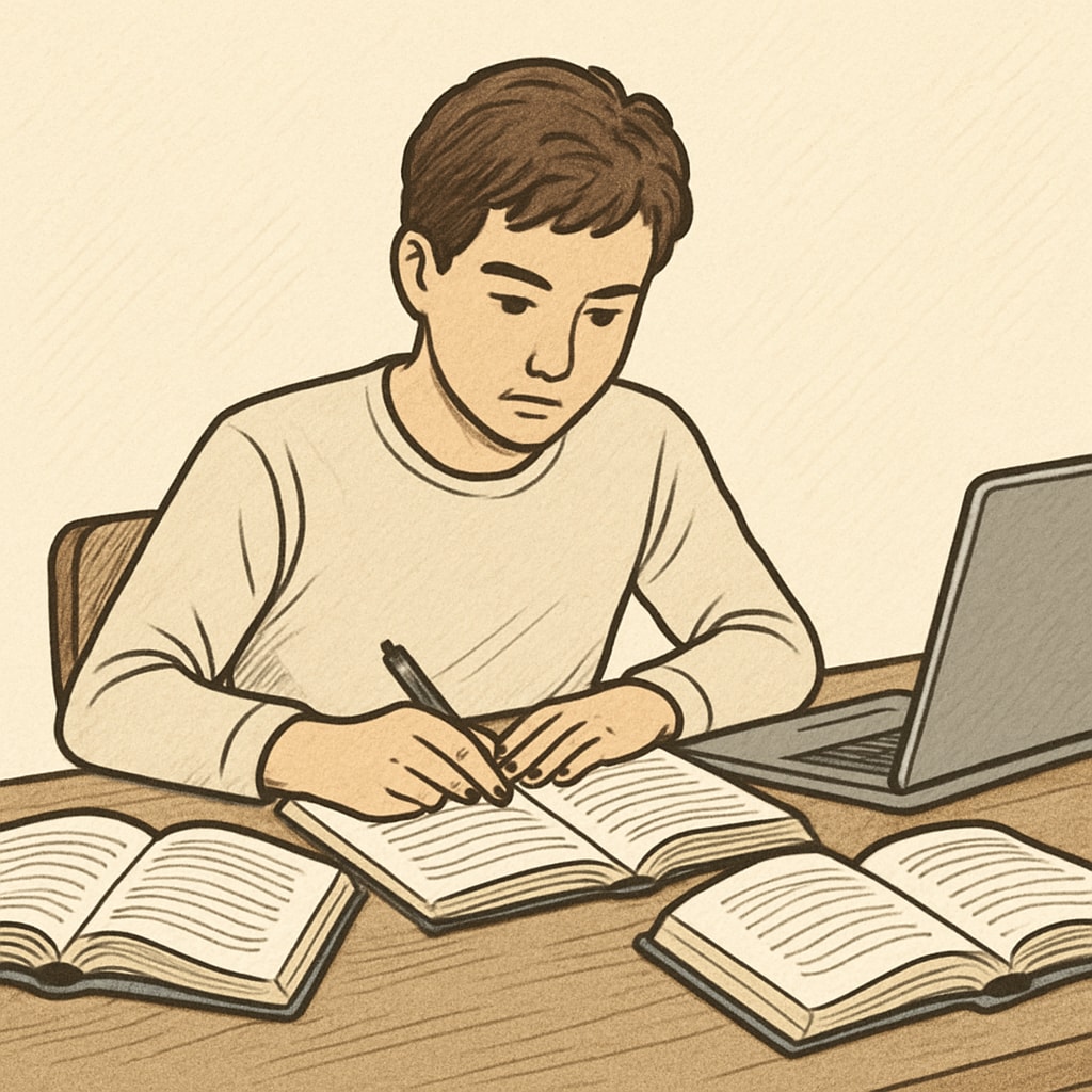 A student sitting at a desk with books and a laptop, practicing deep work techniques. Student practicing focused study techniques inspired by