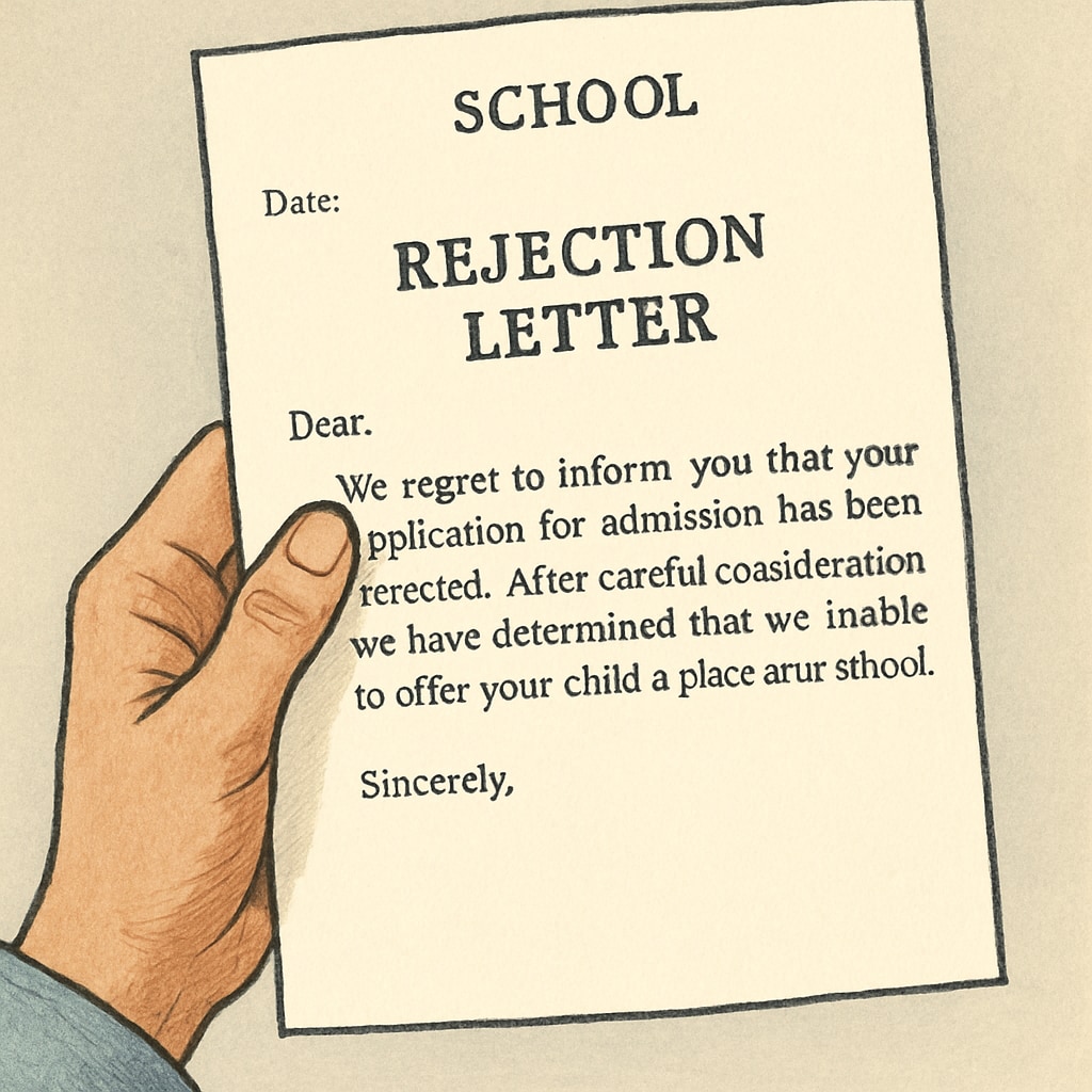 A close-up of a hand holding a rejection letter from a school, symbolizing the systemic barriers faced by SEN families in the UK. Rejection letter symbolizing barriers in SEN school applications.