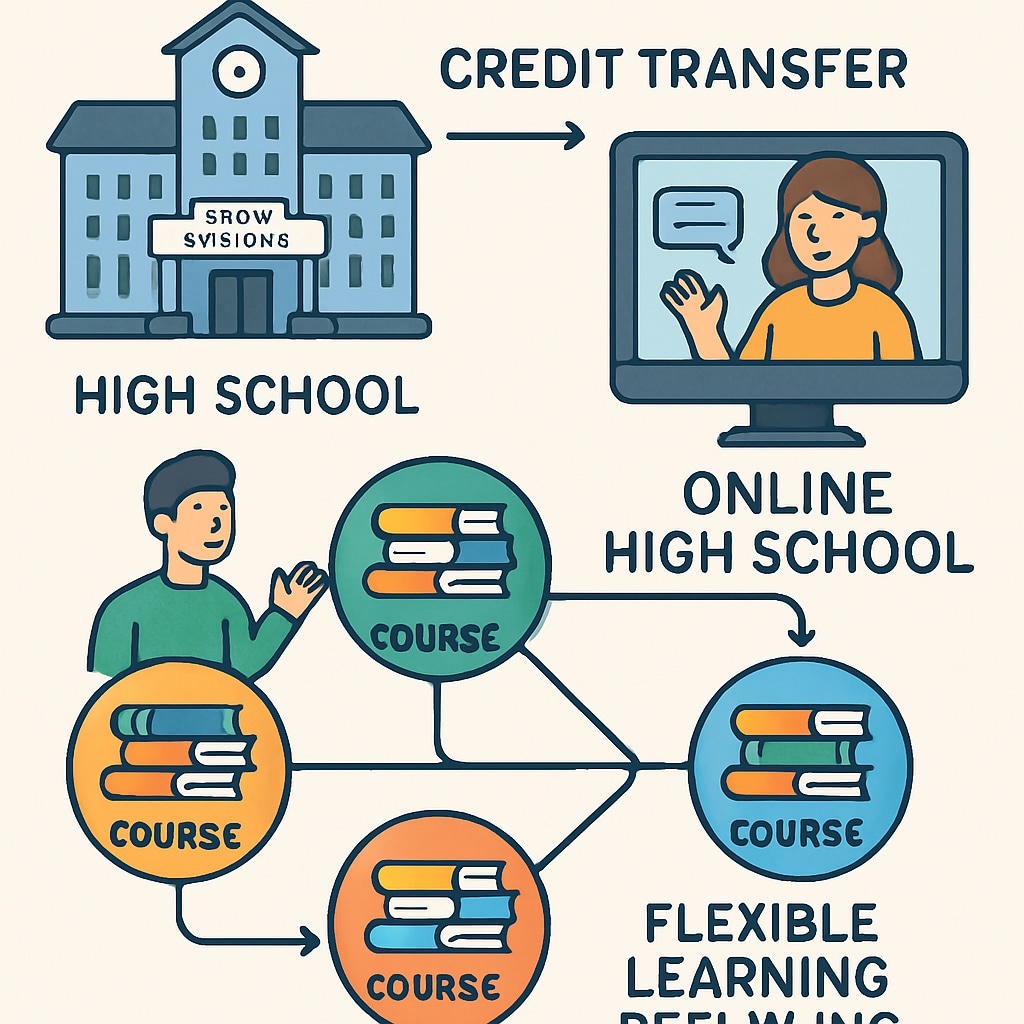 A graphic illustrating credit transfer and flexible learning pathways in online high school programs. Online high school credit transfer concept
