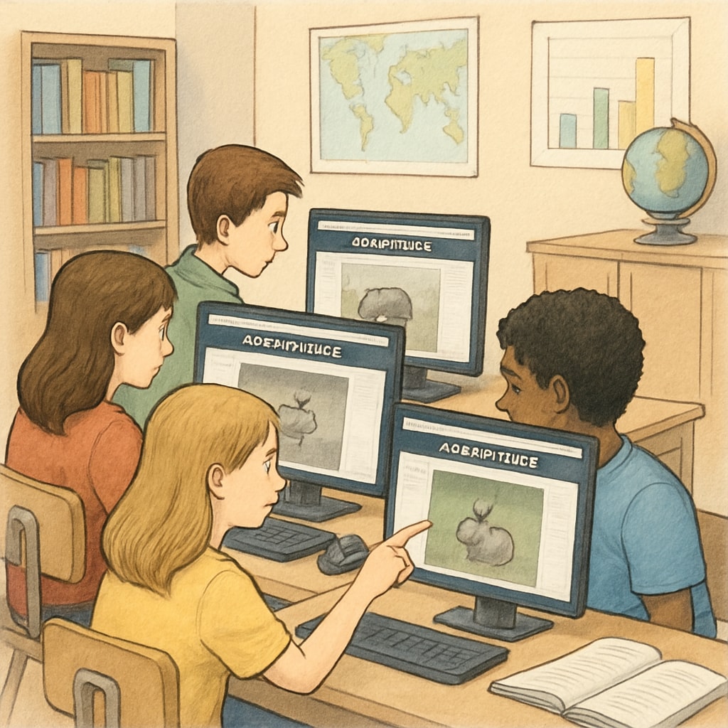 A group of students analyzing wildlife images on the Zooniverse platform, emphasizing collaboration and engagement. Students working on a Zooniverse citizen science project analyzing wildlife images.