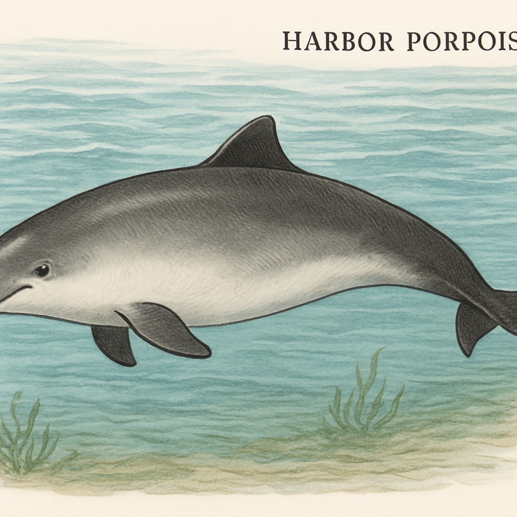 A close-up image of a harbor porpoise swimming in coastal waters, showcasing its rounded head and small dorsal fin. Harbor porpoise swimming in coastal waters, highlighting features for species classification.