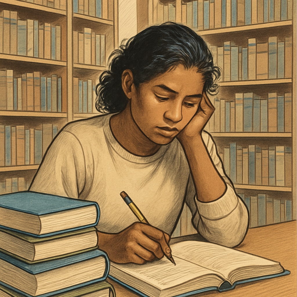 A student studying in a library, symbolizing immigrant students navigating economic challenges in higher education. A library scene with an immigrant student studying, representing challenges in accessing education.