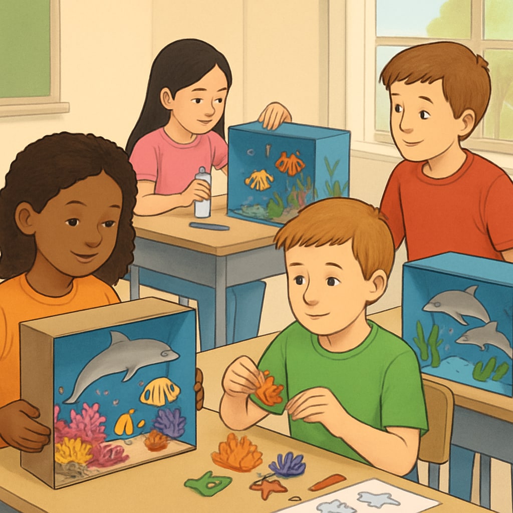 A classroom setting where students are building 3D models of marine ecosystems, including mouse dolphins and other aquatic life forms. Students creating 3D models of marine life, featuring mouse dolphins and ecosystems.