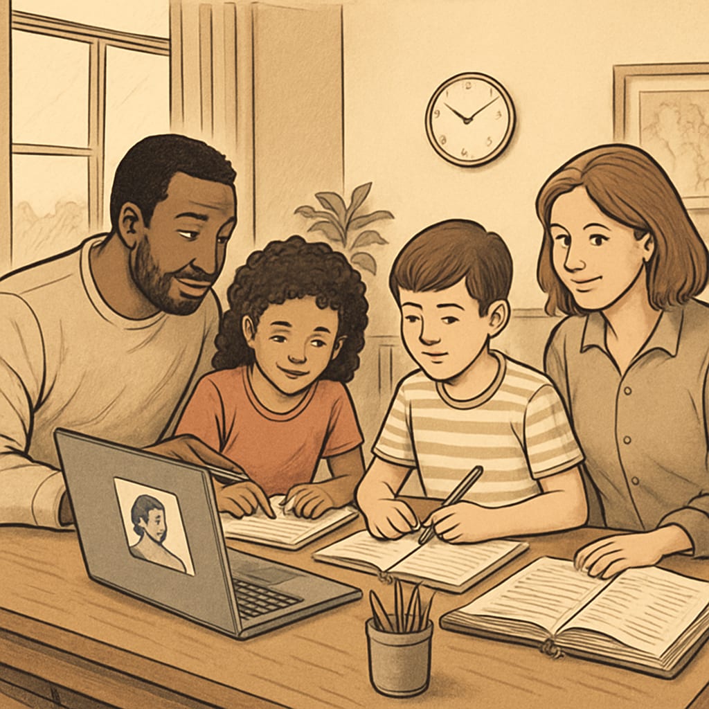 A family working together on an educational activity at home, showcasing the flexibility of online schooling. This image emphasizes how online education fits diverse family lifestyles. A family engaging in learning activities, demonstrating the flexibility of public online schools.