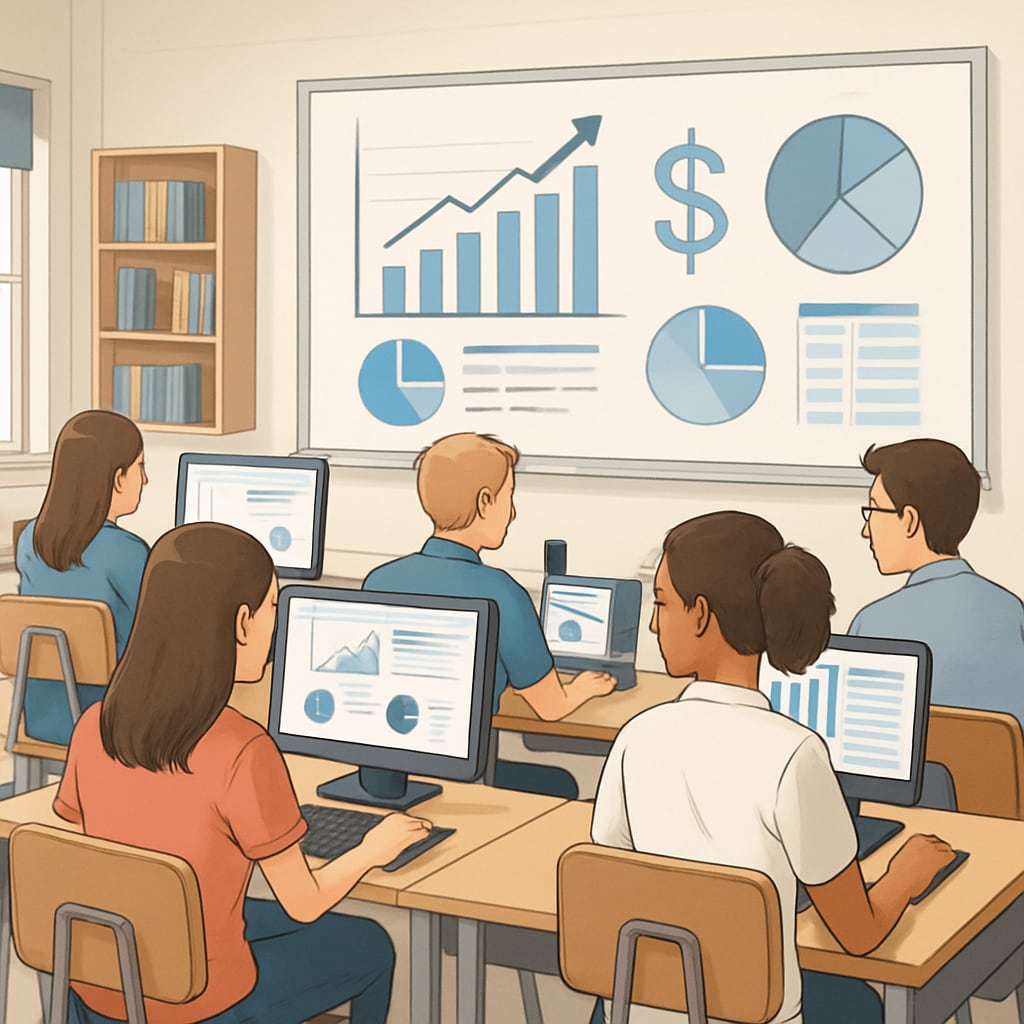 Students in a classroom working on computers to learn data analysis and finance concepts.