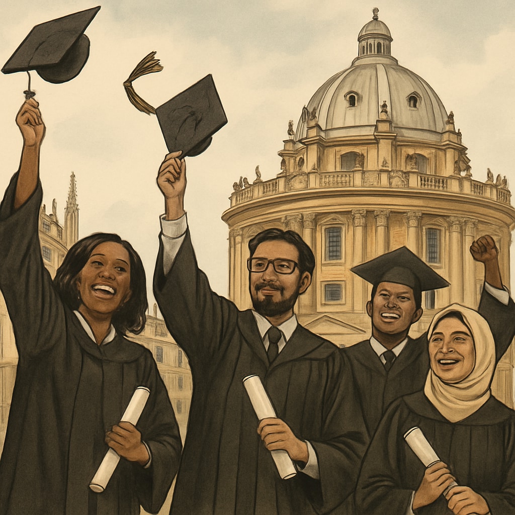A graduation ceremony at Oxford University, symbolizing the achievements immigrant students aspire to despite financial hurdles. A graduation ceremony at Oxford University, highlighting immigrant students' aspirations despite financial barriers.