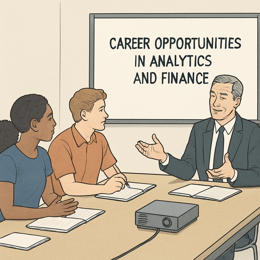 Students interacting with a mentor to explore career paths in business analytics and finance.