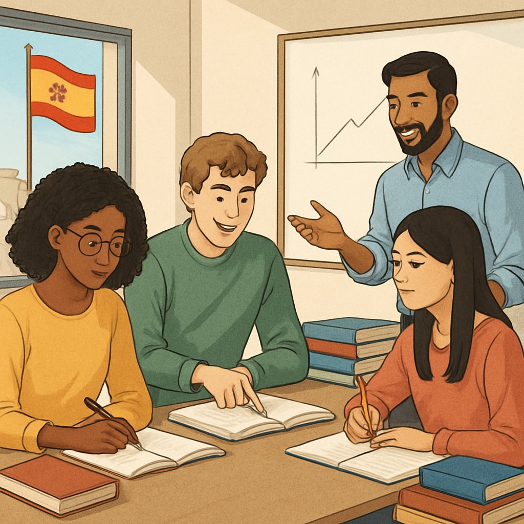 A group of diverse international students studying together in a university setting in Spain. Group of students discussing coursework in a Spanish university.