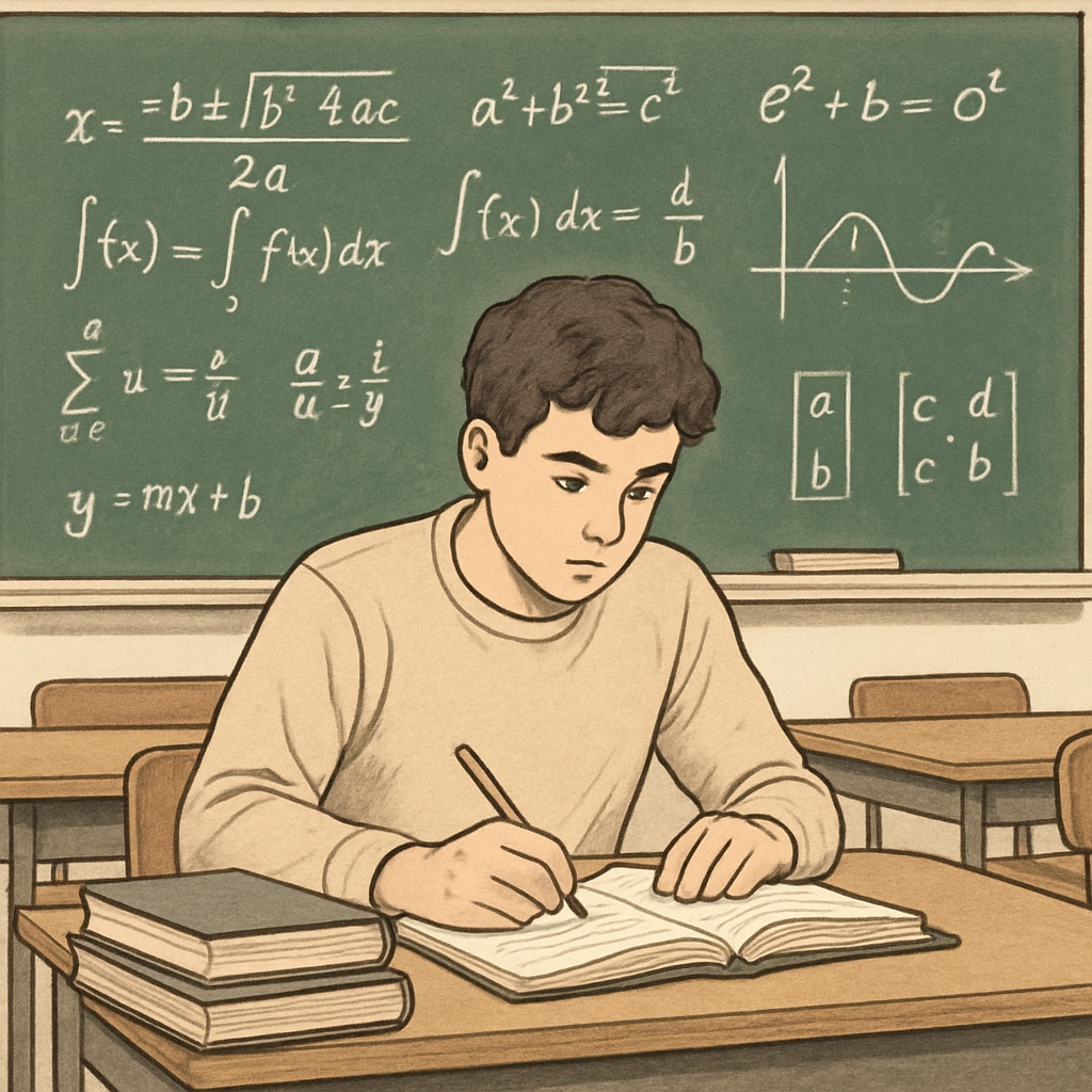 A young student studying mathematical equations in a university classroom, symbolizing the process of choosing math-related majors. High school student studying math equations while considering university majors.