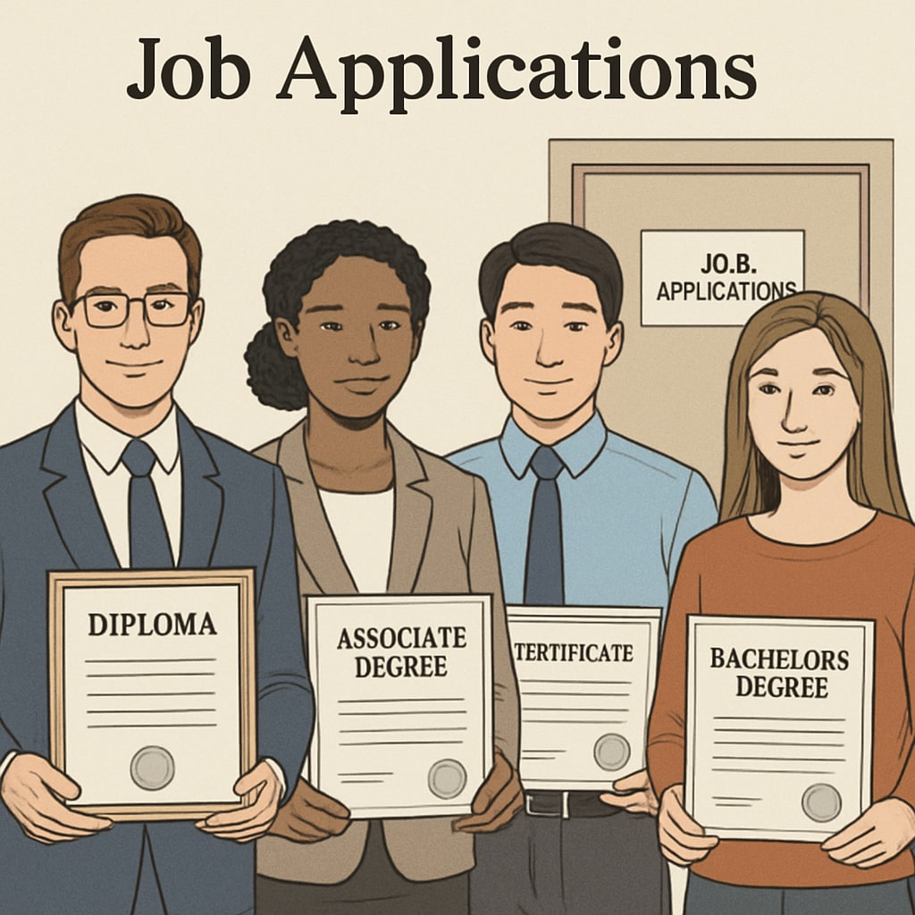 Job applicants with different educational qualifications, including high school diplomas and college degrees.