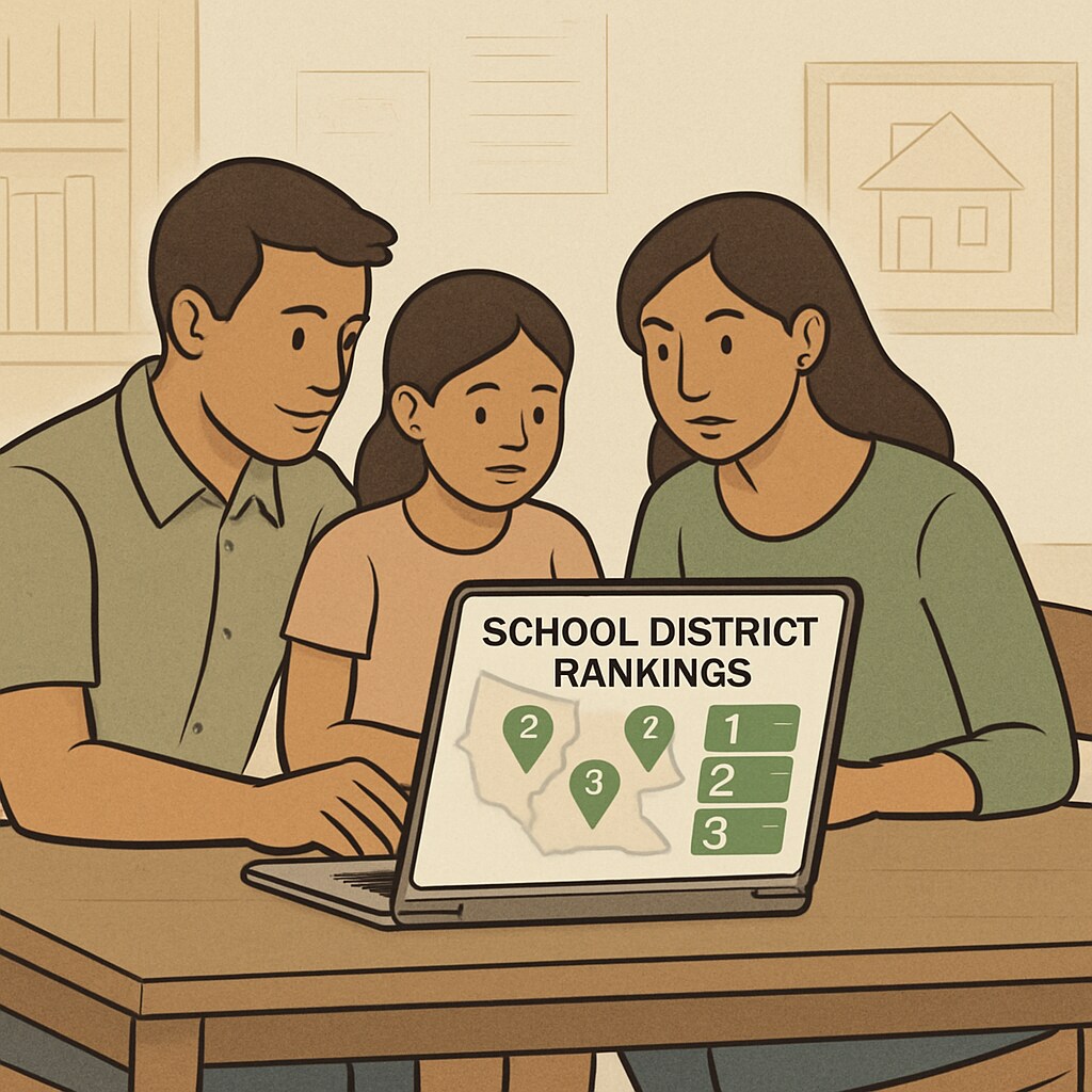 Family researching school district rankings and housing options to prioritize education.